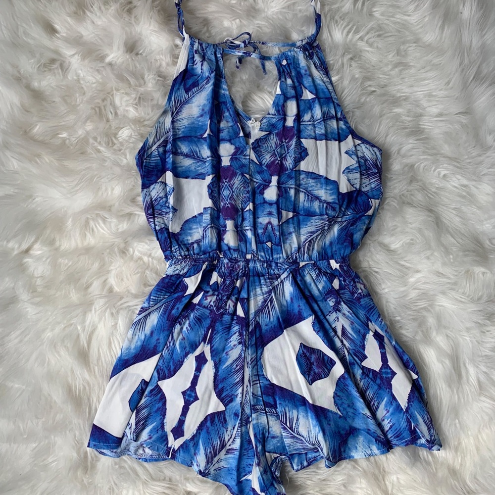Blue and white tropical print romper size xs